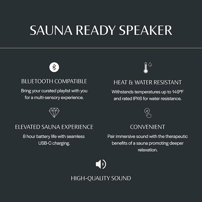 Almost Heaven Bluetooth Sauna Speaker, Portable Waterproof Speakers with Heat Resistance, Designed for Wet & Dry Saunas, Wireless Bluetooth Speaker with USBC Charging, Made for Indoor & Outdoor Saunas