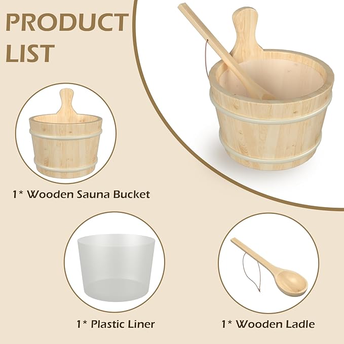 Sauna Bucket and Ladle, Sauna Accessories Made of Hand-Made Camphor Pine, Wooden Sauna Set with Plastic Lining and Handle