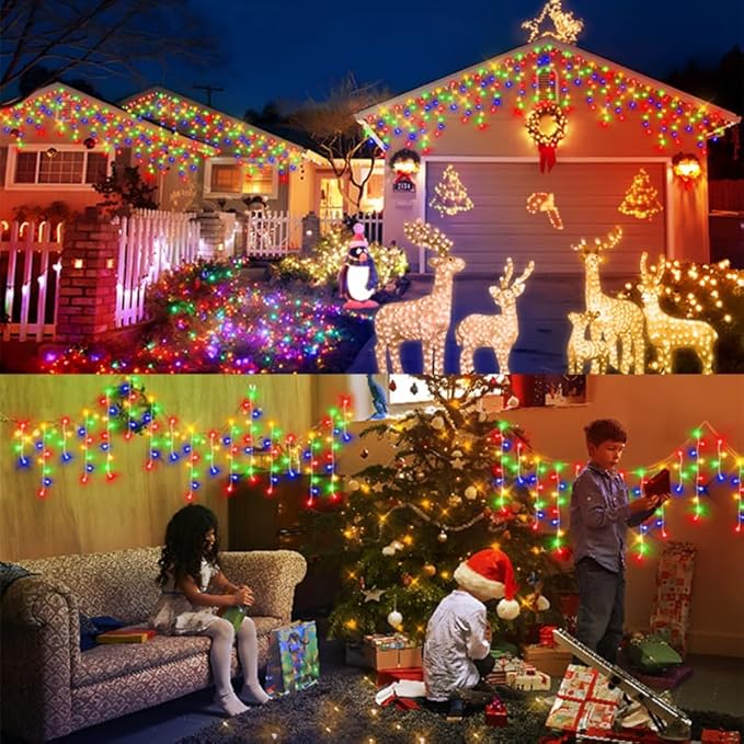 KNONEW 99ft 960 LED Christmas Lights Outdoor Decorations with 180 Drops, 8 Modes Curtain Fairy Light, Clear Wire LED String Light Indoor Decor for Wedding Party Christmas(Multicolor)