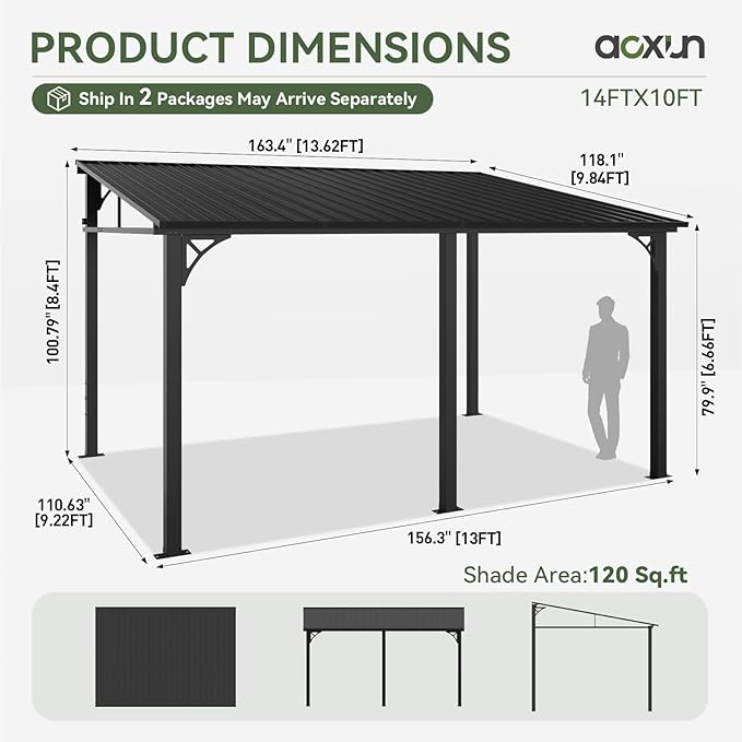 Aoxun 10' x 14' Lean to Gazebo, Upgraded Hardtop Outdoor Pergola with Sloping Galvanized Steel Roof, Large Wall-Mounted Heavy Duty Awnings for Patio, Backyard, Deck, Porch (Dark)