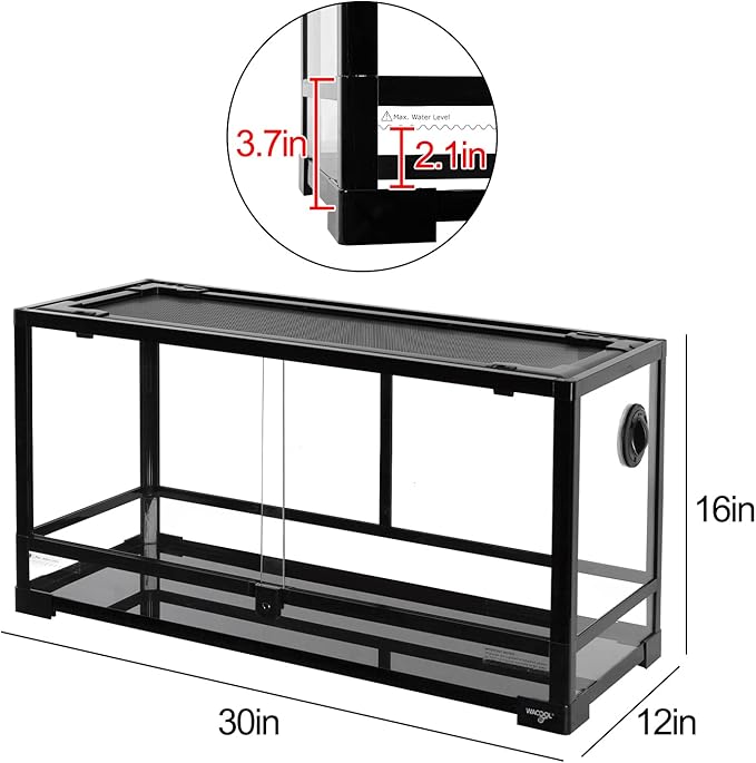 Large Reptile Tank 25 Gallon, 360°Full Vision Glass Reptile Terrarium with Top Mesh Lid for Beaded Dragon Lizard Gecko Snake Hermit Crab Use, 30"(W) X 12"(D) X 16"（H）