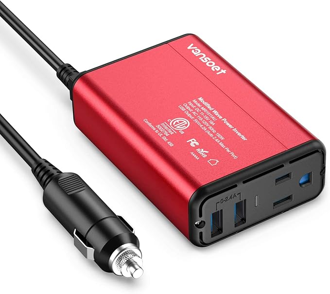 150W Power Inverter DC 12V to 110V AC Car Inverter with 4.2A Dual USB Car Adapter (Red)