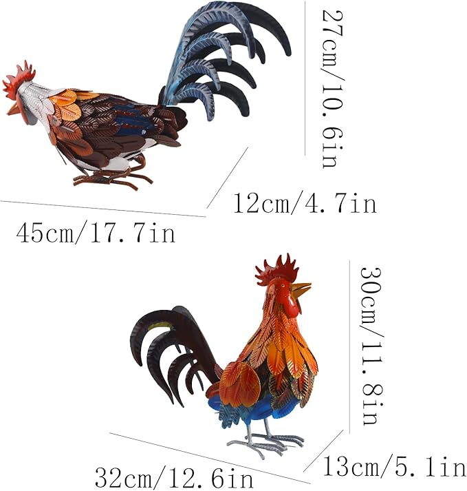 Rooster Statue Metal Chicken Sculpture Garden Decoration Metal Yard Art for Patio Lawn Backyard Outdoor Decoration,A Set of 2