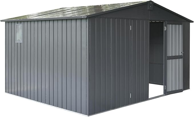 Backyard Storage Shed 11x9ft with Windows, Dark Gray Galvanized Steel Garden Shed - 630 Cu.Ft Outdoor Utility Shed, Lockable Double Doors & Sloped Roof for Patio