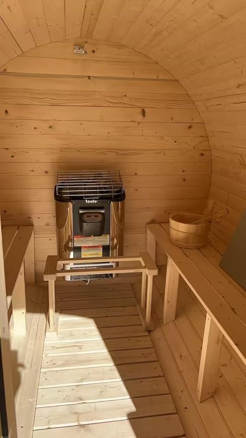 Outdoor Sauna 6-8 Person, Canadian Pinewood Barrel Sauna with Porch, ETL 6KW Toule Heater, Waterproof System, Asphalt Shingles, Rubber Base(0-195℉)