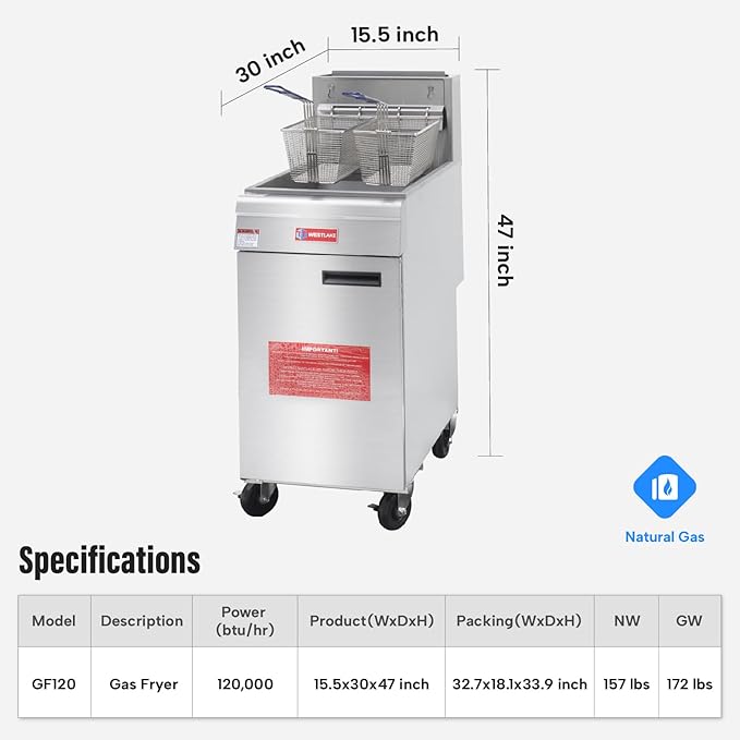 WESTLAKE Commercial Gas Deep Fryer, Stainless Steel Free Standing Floor Frye with Baskets 4 Tube 120000 BTU 50LB for Restaurants