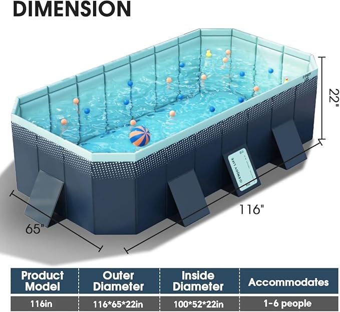Foldable Pool, Non-Inflatable Swimming Pool for Kids, Adults and Pets, Large Portable Kids Pool for Outdoor Backyard Garden, 116" × 65" × 22"
