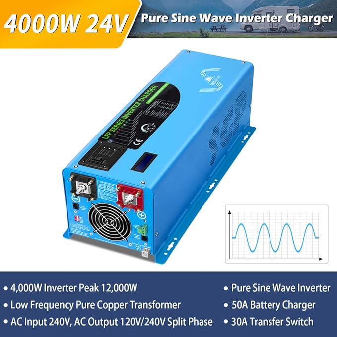 SUNGOLDPOWER 4000W 24Vdc Pure Sine Wave Inverter Low Frequency 240Vac Input 120Vac/240Vac Output Split Phase with Battery Charger Off-Grid 12000W Peak,(Upgrade)