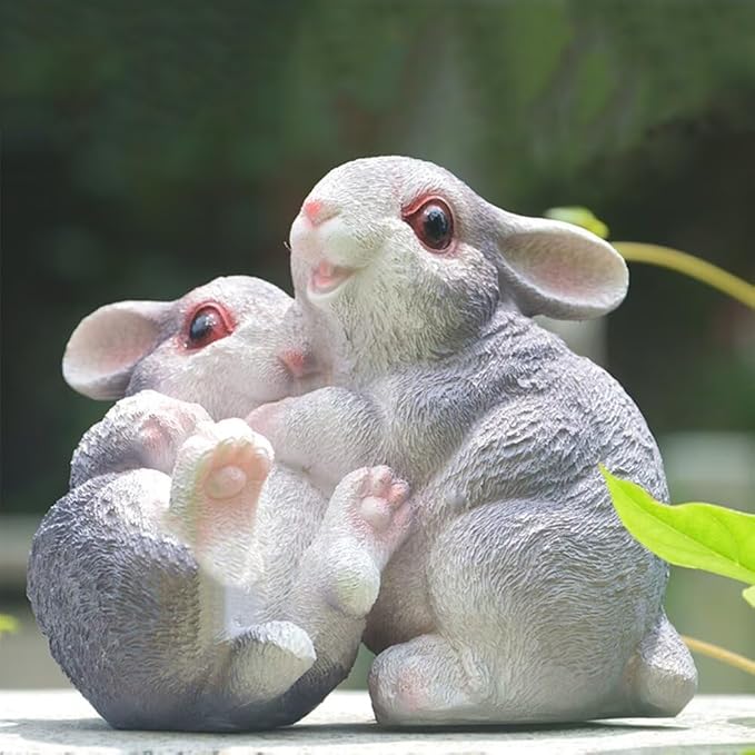 Garden Statues Bunny Decor Resin Hug Rabbit Figurine Cute Fairy Garden Decor Outdoor Statues for Patio Yard Porch Balcony Gifts for Women Mom Grandma Grey