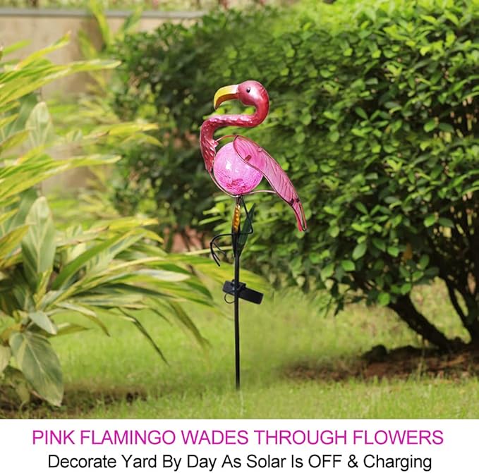 Bright Zeal 14" Big Metal Outdoor Solar Lights Waterproof Flamingo Garden LED Stake Light - Solar Pink Flamingos Yard Ornaments - Stake Lights Yard Decor Metal Yard Art