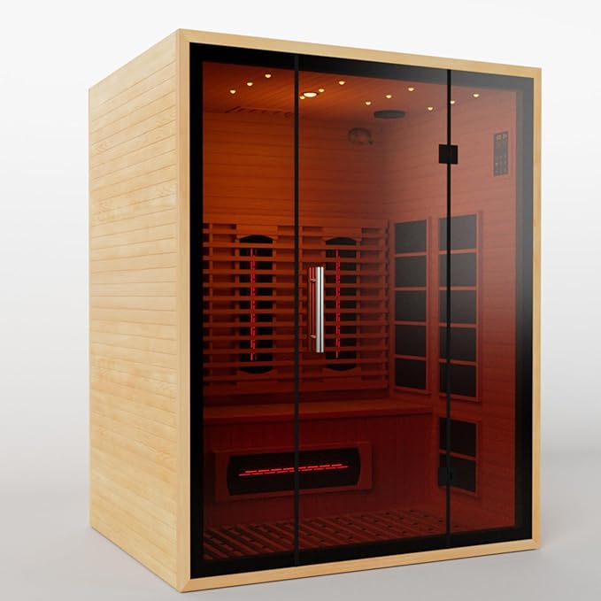 Full Spectrum Infrared Sauna for 3 Person, Upgraded WiFi Control Indoor Canadian Hemlock Wood Home Spa Saunas with Red Light Therapy, Speaker, Oxygen bar, Reading & 7-Color Starry Light, 2100W, 220V