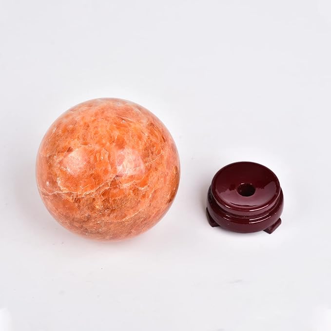 JIC Gem Big Sparkling Quartz Crystal Ball Sunstone Healing Crystal Gemstone Sphere with Decorative Wooden Stand for Meditation Gifts Decoration (80-90mm)