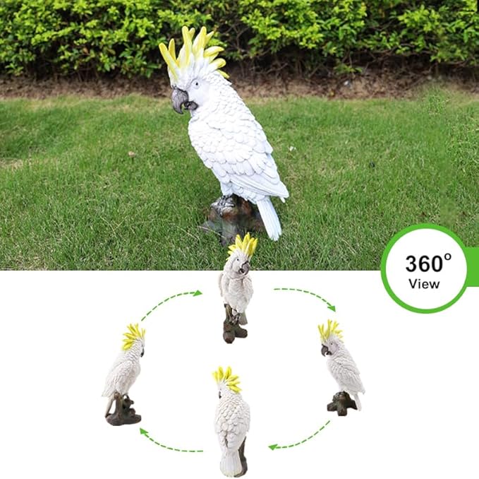 Decorative Parrot Garden Statue, Garden Decor Sculptures Statues Outdoor, Cockatoo Bird Tropical Indoor Desk Decor, Yellow White, 15.35 inches high