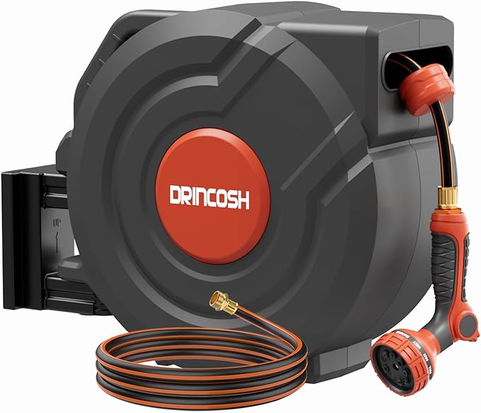 Upgraded Retractable Garden Hose Reel 1/2 in x 100 ft PRO 180° Swivel Metal Bracket Automatic Slow Return Heavy Duty Wall-Mounted Hose Reel Any Length Lock 9 Pattern Nozzle UV Resistant
