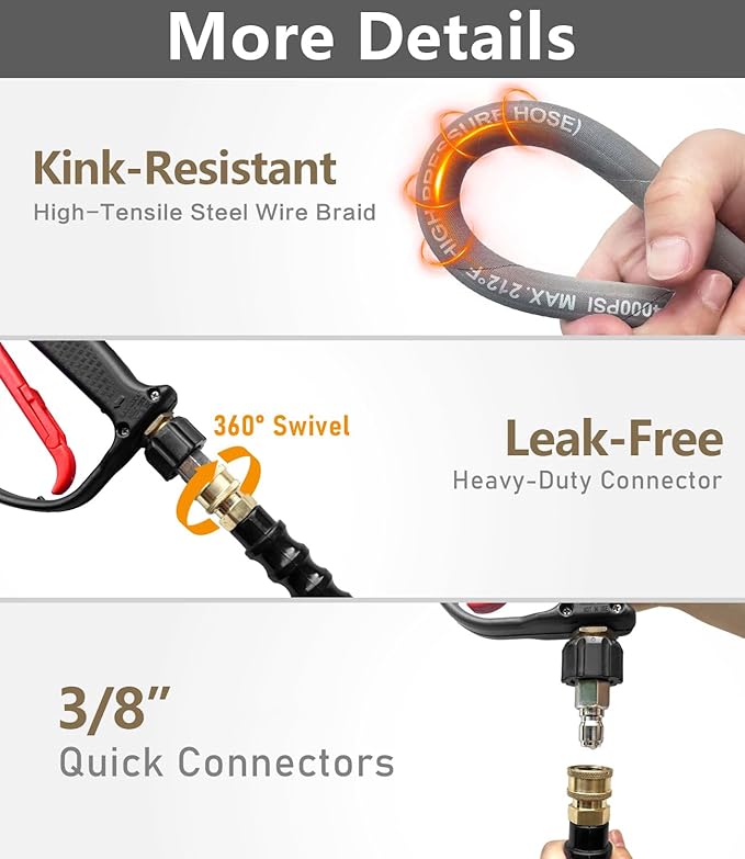 Pressure Washer Hose 50FT 4000 PSI, Kink Resistant Steel Braided Layer & NonMarking Rubber for Hot/Cold Water, High Power Washer Hose With 3/8 Inch Quick Connect & M22 Fitting, Gray