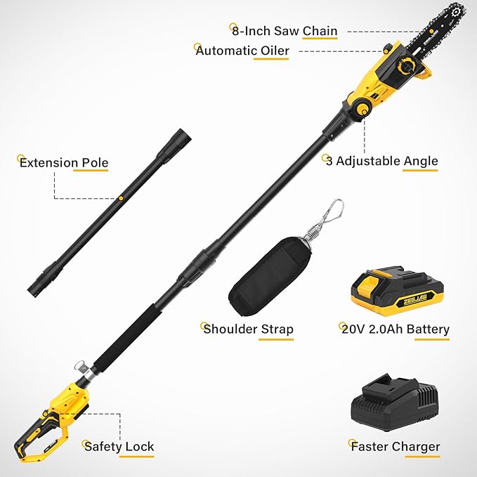 Pole Saw, 8-Inch Pole Saw for Tree Trimming Cordless 15-FT Max Reach, Auto Oiling, Tool-Less Electric Pole Saws, Tree Trimmer with Battery & Fast Charger