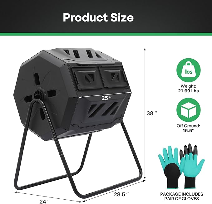 Athena Collection Compost Tumbler, 43 Gallons Dual Composter Chamber Outdoor, Easy Turn & Fast Rotating Compost Bins with 2 Sliding Doors, Easy Assembly, for Garden, Yard and Outdoor Use