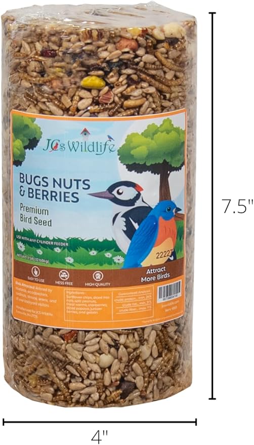 JCs Wildlife Bugs, Nuts and Berries Premium Bird Seed Small Cylinder with Hole, 1.5 lb (1 Cylinder)