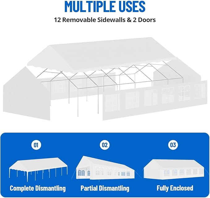 20'X40' Party Tent with Removable Sidewall Windows, Outdoor Heavy Duty Wedding Gazebo, Event Shelter Wedding Canopy Tent for Parties Carport BBQ, White & Wave Edge