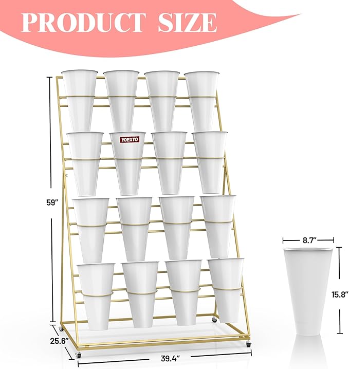 Flower Display Stand with Buckets, 4 Layers 16 PCS Buckets Plant Stand with Wheels, Movable Metal Plant Stand for Terrace Garden, Living Room, Florist Shop (Gold Frame - White Buckets, 4-Tier- 16 Buckets)