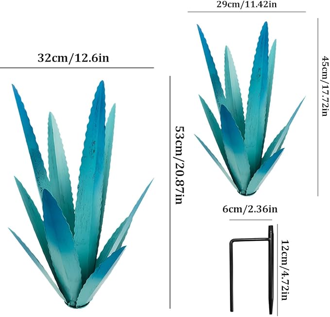 EROCK 2 Pcs Tequila Rustic Sculpture, Wind Resistant Metal Agave Plant Outdoor Home Decor, DIY Rustic Hand Painted Metal Agave Garden Art Plant Country Sculpture Statue Patio Stake Lawn Ornament Gift