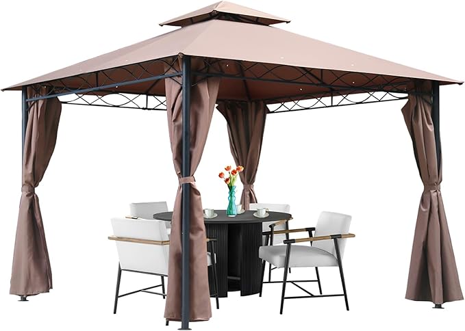 10'x13' Outdoor Patio Canopy Rain-Proof Pop Up Gazebo UV-Resistant Canopy Tent with Double Roof Tops Curtain for Backyard, Patio and Garden, Brown