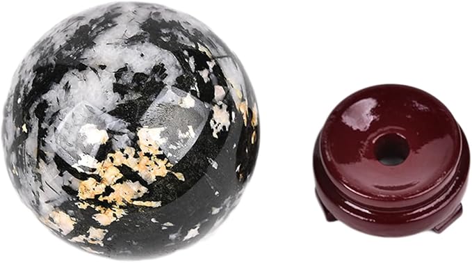 JIC Gem Natural Black and White Tourmaline Crystal Sphere with Wooden Stand Black Quartz Crystal Ball Healing Ornament Specimen Altar Reiki Crystal 60-70mm
