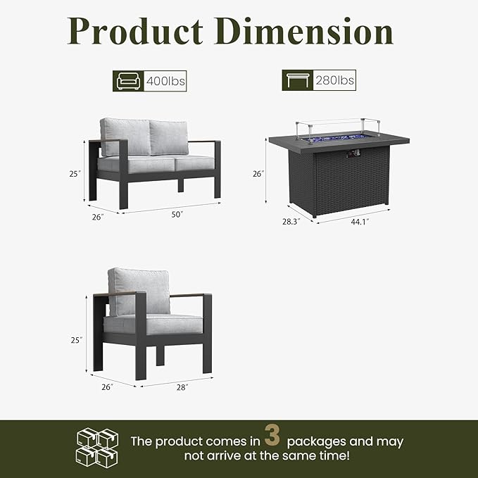 LayinSun 4 Piece Aluminum Outdoor Furniture Set with Fire Pit Table, Outside Patio Deep Seating Conversation Set with Upgraded Washable Thick Cushion