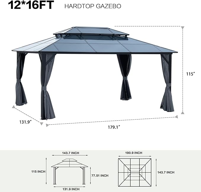 KEIKI 12 * 16FT Permanent Hardtop Gazebo with Netting and Curtains, Double Roof Waterproof Pergola Sunshade Pavilion for Outdoor Patio Lawn Backyard and Garden, Aluminum Frame Polycarbonate Canopy