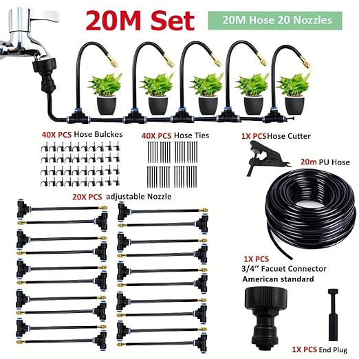 360° Adjustable Drip Irrigation System 65.6FT Garden Watering System with 20 Nozzles, Garden Irrigation System, Greenhouse Accessories, Atomizing System for Yard, Lawn, Plants, 5/16 in Hose