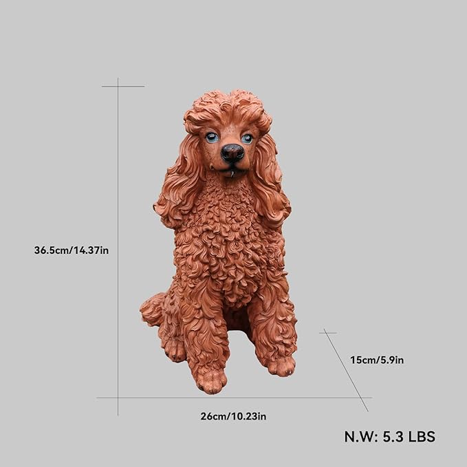 Poodle Outdoor Garden Statue with Double-Sided “Welcome/ON Patrol” Hanging Sign and Solar Lantern, Brown Sitting Dog for Porch, Path & Yard Décor