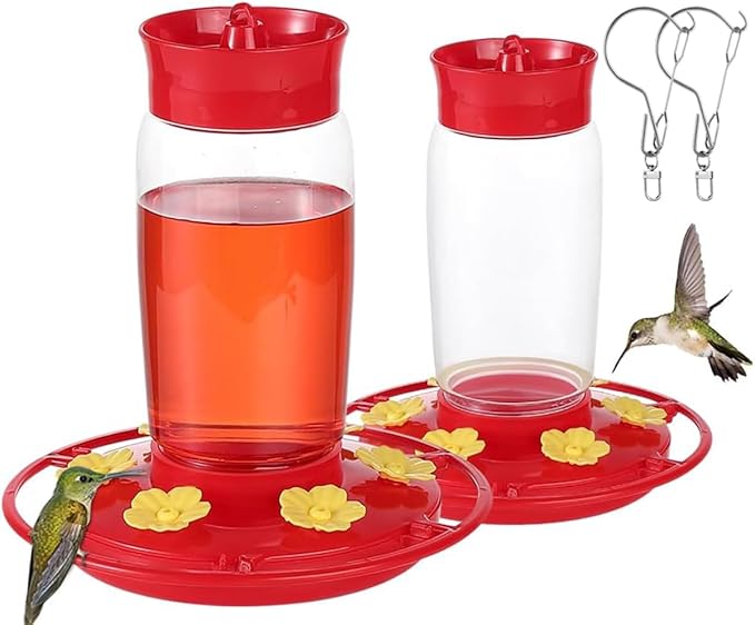2-Pack Plastic Hummingbird Feeder - 22oz Leakproof Outdoor, 6 Bee-Proof Ports with Ant Moat, Wide Mouth Easy Clean, Hanging Hook for Trees or Decks