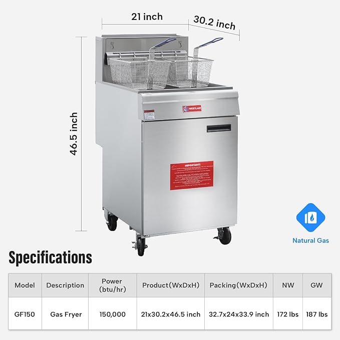 WESTLAKE Commercial Gas Deep Fryer, Stainless Steel Free Standing Floor Frye with Baskets 5 Tube 150000 BTU 70LB for Restaurants