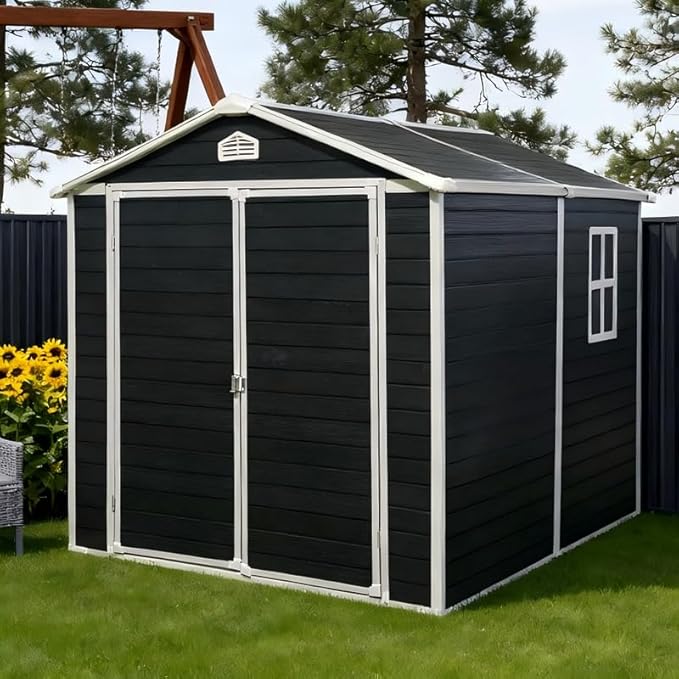 8 x 6 FT Outdoor Storage Shed with Window, Outside Garden Resin Sheds w/Floor and Lockable Doors, Waterproof Plastic Tool House for Backyard, Garden, Patio, Lawn, Bike Accessories, Black