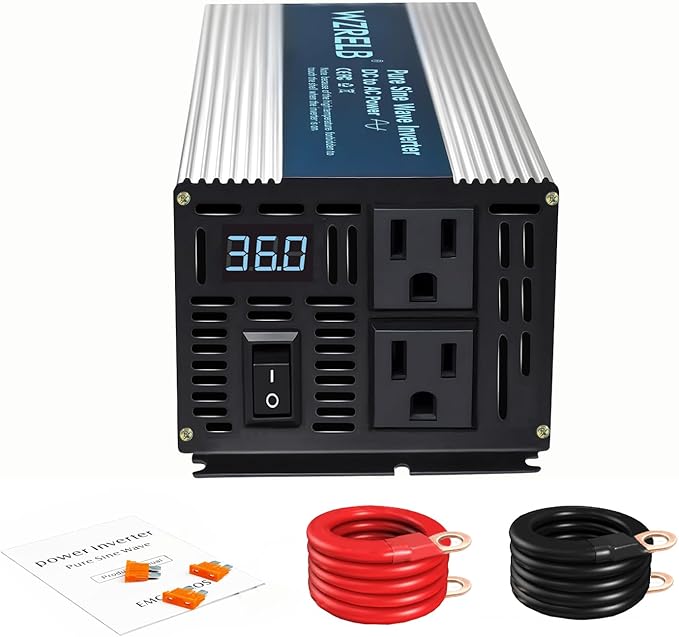 WZRELB 500W Pure Sine Wave Inverter 36V DC to 110V 120V AC Power Converter with LED Display, Off-Grid Portable Power Inverter with 2 AC Outlets for Home, RV, Truck, Camping