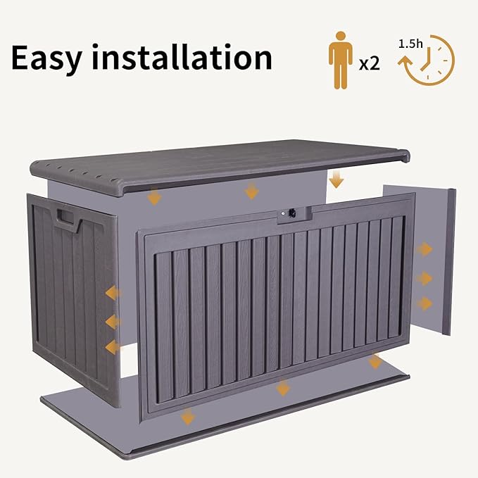 LANTRO JS 100 Gallon Deck Box, Waterproof Deck Storage Box, Resin Plastic Patio Storage Box with Side Handles, Lockable Storage Containers