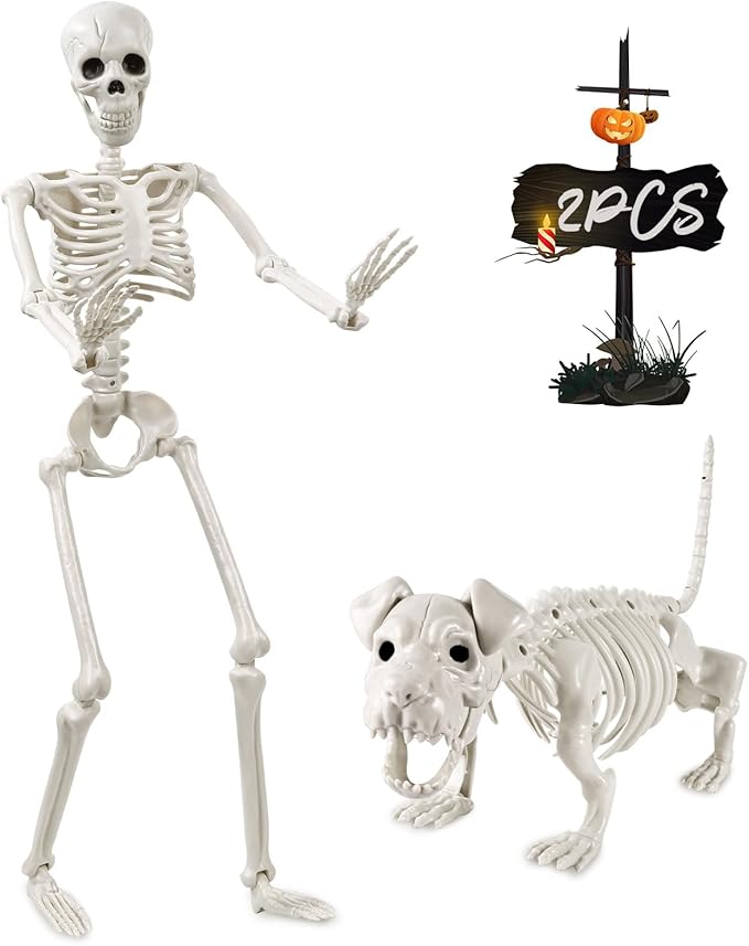 YUJUN 36'' Halloween Skeleton Decoration with Dog Skeleton, 3ft Full Body Posable Skeleton Realistic Plastic Bones Movable Joints for Halloween Party Yard Haunted House Props Indoor Outdoor Decor