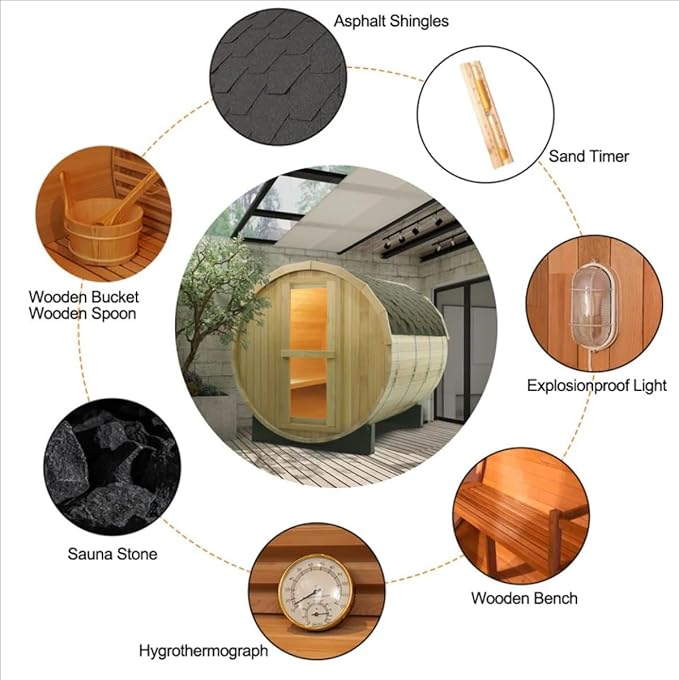 ZONEMEL Outdoor Barrel Steam Sauna, Canadian Red Cedar Sauna Room for 2 Person with 4.5KW ETL Certified TOULE Heater, Rocks, 8mm Tempered Glass, Waterproof System