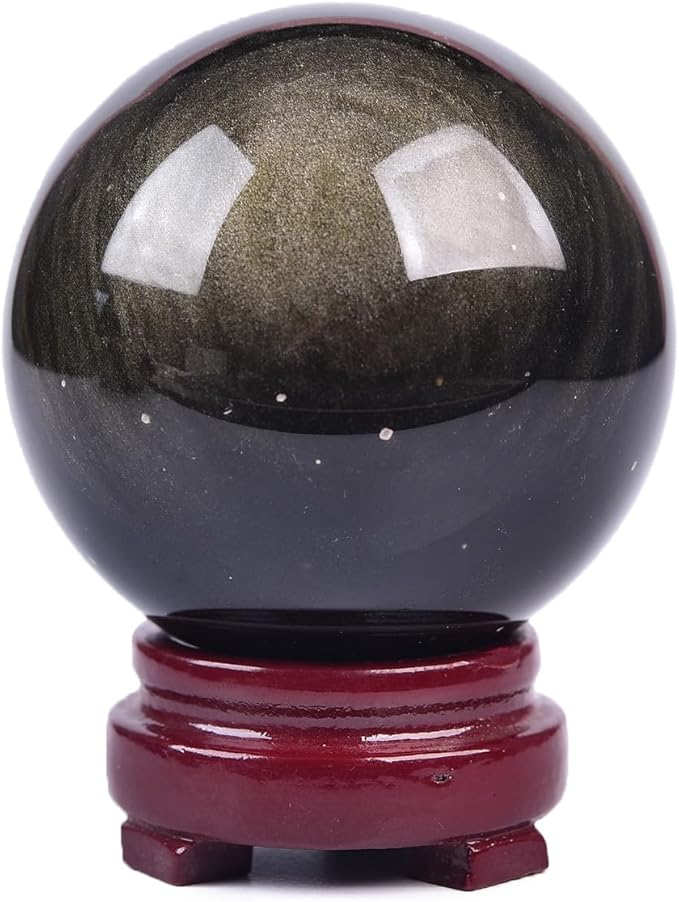 JIC Gem Golden Obsidian Crystal Sphere Large Healing Crystal Ball with Stand Ornament Meditation Witchcraft Decor 2.3-2.7 inch(60-70mm)