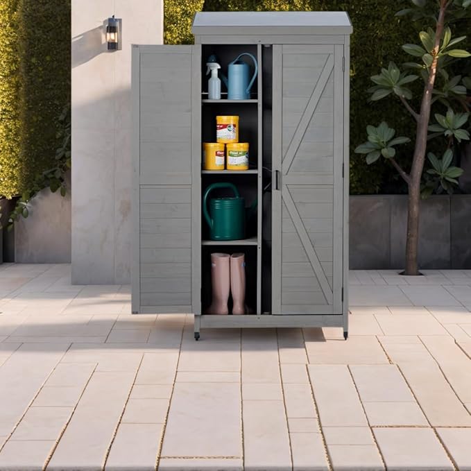 Stylish Grey & Solid Wood Outdoor Storage Shed – Durable Metal Top Vertical Tool Cabinet Ideal for Backyard, Garden, and Patio Organization