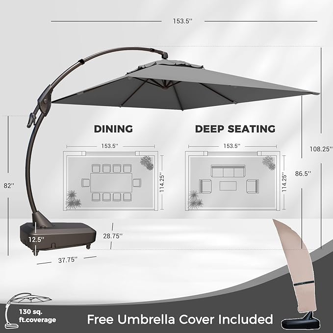 Grand patio 10x13 FT Cantilever Umbrella Outdoor Aluminum Rectangle Offset Umbrella Canopy with Base & Cover for Pool Garden (Gray, 10x13 FT)