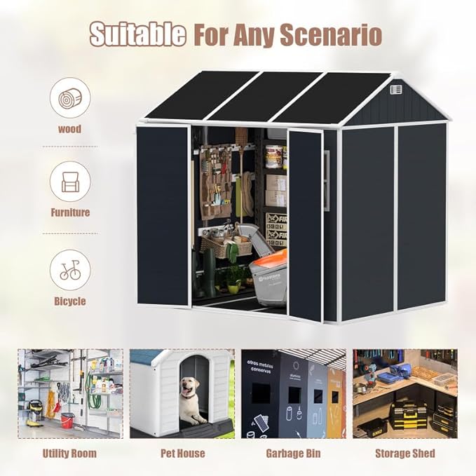 8x7 FT Resin Outdoor Storage Shed with Floor and Window, Outside Waterproof Plastic Garden Sheds w/Lockable Door & Vents, All-Weather Tool House for Patio, Backyard, Lawn, Dark Gray