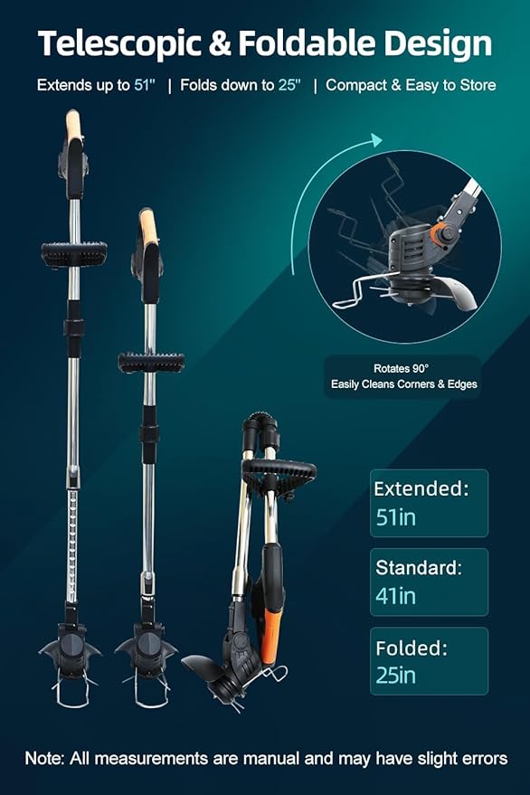 Cordless String Trimmer, Weed Wacker, Nylon Trimmer Head as Its Core Cutting Accessory, Telescopic Shaft and Foldable, 2 x Batteries, String Trimmer Cordless for Lawn, Garden and Yard, Black