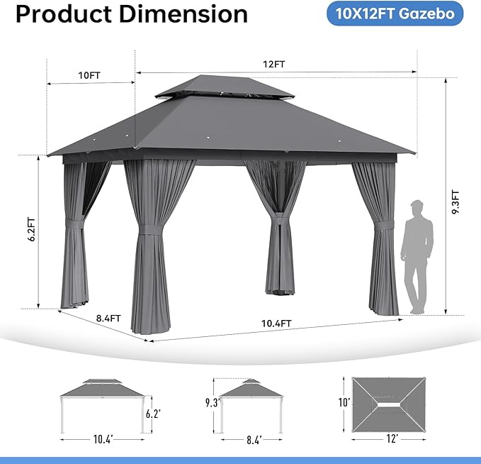 Outdoor Gazebo Metal Frame Patio Pergola Double Roofs Patio Canopy with Double-Layer Door and Mosquito Netting for Deck, Backyard, Lawn (Grey, 10x12FT)