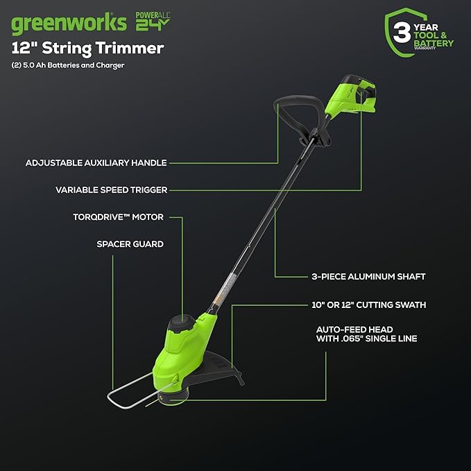Greenworks 48V (2x24V) Cordless Yard Tool Combo - 21" Self - Propelled Push Mower, 12" Trimmer, Blower + 24V Cordless Battery Inflator