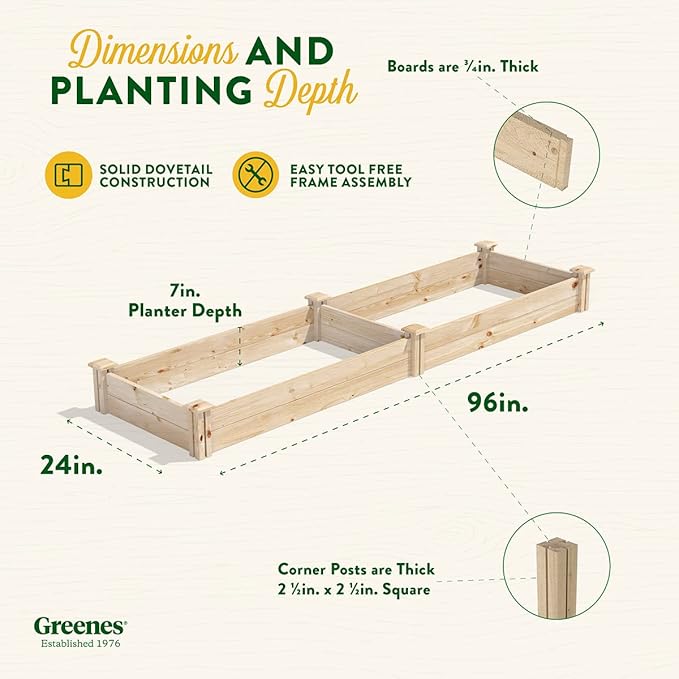 Greenes Fence Original Pine Raised Garden Bed, 2' x 8' x 7" - Made in USA with American Pine