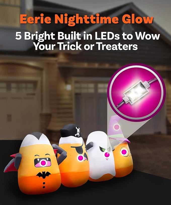 11.5FT Length Halloween Inflatables Four Corn Candy Decoration, Halloween Blow Up Corn Candy Dressed Vampire Pirate Ghost Wizard Built-in 5 LEDs for Yard Lawn Garden Halloween Party Parade