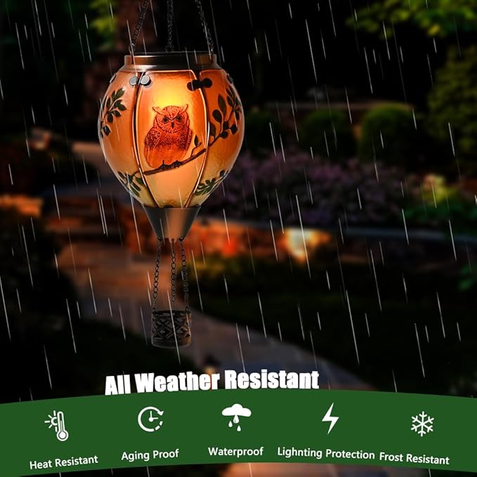 Hot Air Balloon Solar Lantern - Owl Stained Glass Lantern, Simulated Flickering & Dancing Flame, Outdoor Hanging Yard Light Waterproof IP65 for Patio Lawn Porch Decor Gift
