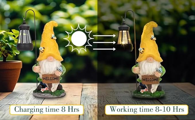 Garden Gnome Statue Solar Statue with LED Lantern, Resin Gnome Figurine Ornament for Patio Yard Lawn Porch Outdoor Decor
