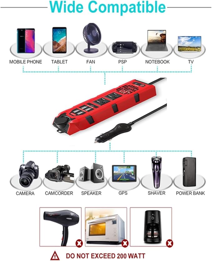 200W Car Power Inverter DC 12V to 110V AC Converter with Dual AC Outlets, 4 Quick Charger 2.4A USB Ports and 1 Type C Port Cigarette Lighter Socket Charger Adapter